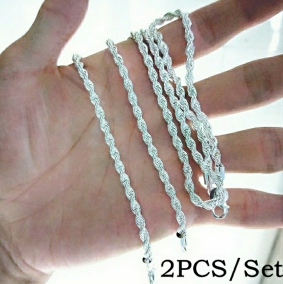 Men's 925 Sterling Silver Rope Necklace Bracelet - Picture 2 of 4